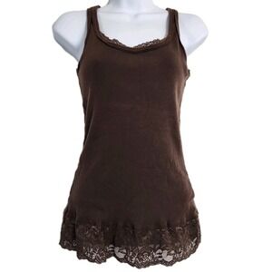 Vanity Brown Ribbed Lace Trim Tank Top Womens Size Medium Y2K Boho Layering Cami